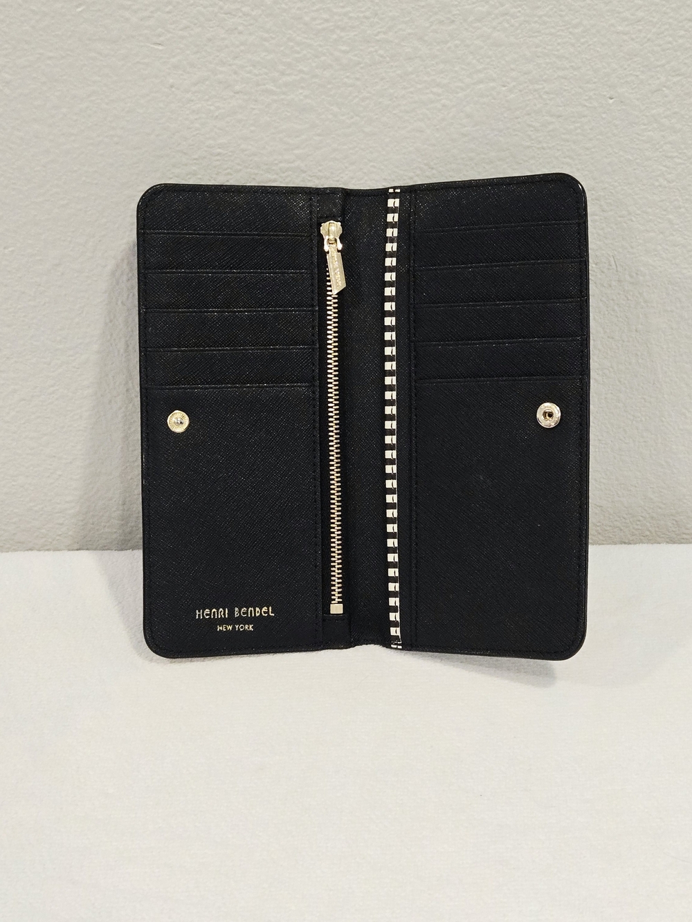 henri bendel Black Saffiano Bi-fold Zip Wallet With Purple Interior - Picture 8 of 15
